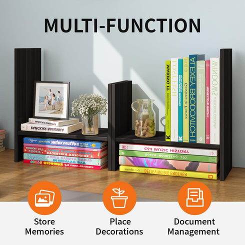 YSJILIDE Wood Adjustable Small Desktop Bookshelf, Expandable Storage Organizer, Office Supplies Desk Rack (Black)
