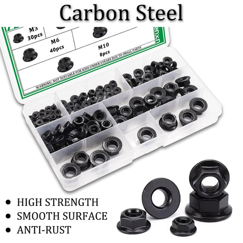 Aienxn 136PCS 6 -M3, M4, M5, M6, M8, M10 Metric Sizes Black Carbon Steel Hex Flange Nuts Assortment Kit