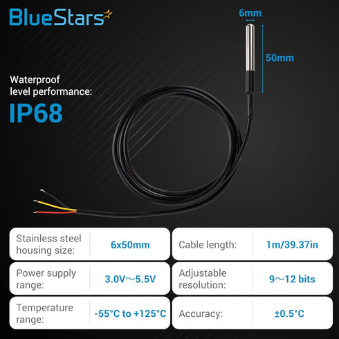 BlueStars Pack of 5 DS18B20 1-Wire Temperature Sensor Waterproof Digital Stainless Steel 1m/39.37 inch - Measure Range -55°C to 125°C Used for Arduino Raspberry Pi and Others