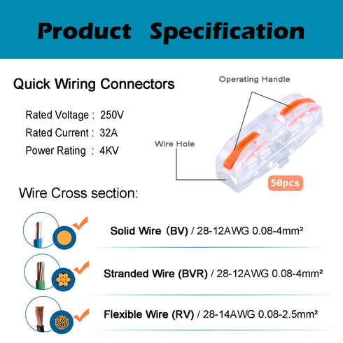 50Pcs Butt Terminals 1 to 1 Inline Electrical Lever Wire Connectors Kit for 28-12 AWG (Orange)