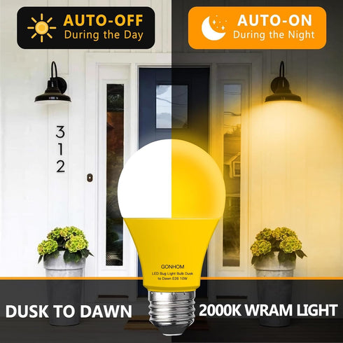 Dusk to Dawn Bug Light Bulb Outdoor,4 Pack Amber Bug Light Bulb,Auto On/Off,10W(100W Equivalent),E26 Base,Bug Lights for Outside.Home Hallway Porch Lights.Decorative Lamps.Bedroom by Gonhom
