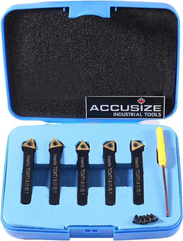 Accusize Industrial Tools 5 Pc Indexable Turning Tool Set, 1/4'' by 2'' Oal, with Tcmt1.8(1.5) Carbide Inserts