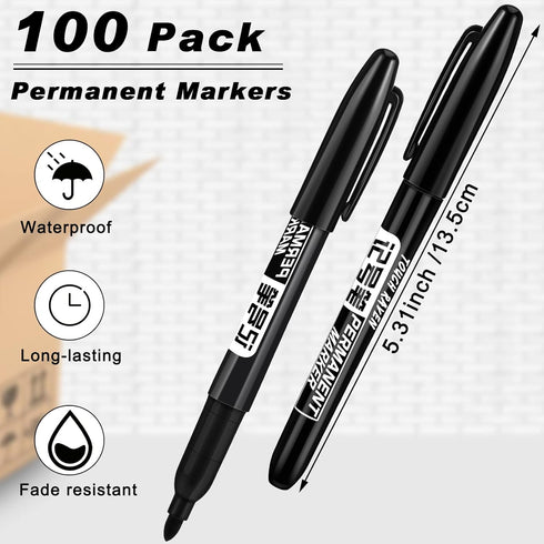 Thenshop 100 Pack Black Permanent Markers, Fine Point, Waterproof, Works on Plastic, Wood, Stone, Metal, Glass