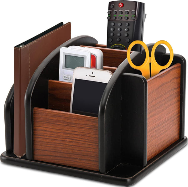 DEAYOU Wood Remote Control Holder, Revolving Desktop Organizer for Pen, Pencil, Mail, Home, Office