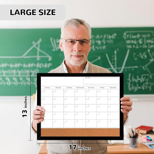 Monthly Calendar Dry Erase Board for Wall, 17"x13" Whiteboard with Black Wood Frame, 2in1 Cork Board Combo