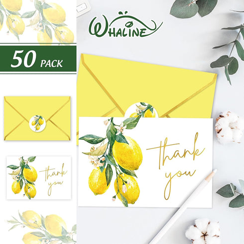 50 Pack Summer Whaline Lemon Gold Foil Thank You Cards Boxed Greeting Cards with Envelopes Stickers Yellow Lemon Flower