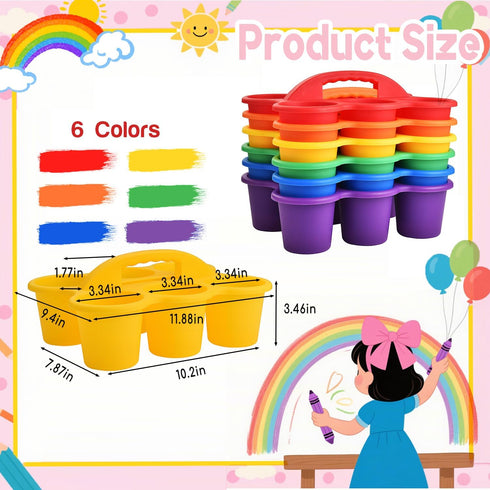 6 Pack 6 6Colors NINU Classroom Caddy Organizer with Handle, Plastic Drink Cup Caddy Holder, Compartments for Kids