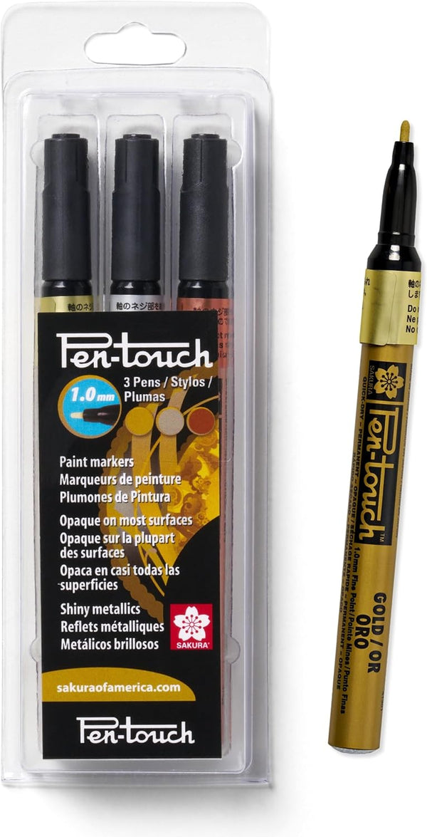 SAKURA Pen-Touch Paint Markers, Permanent Marker Pen, Assorted Metallic Colors, Fine Tip Size, 3 Pack