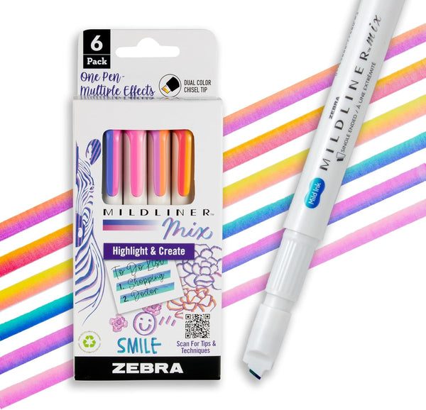 Zebra Pen Mildliner Mix Dual Color Highlighter Marker Set, Assorted Colors, Chisel Tip, 6-Pack, No Bleed
