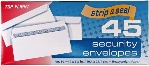Top Flight Number 10 Boxed Security Envelopes, 4 1/8 x 9 1/2 Inches, White, 45 Envelopes per Box