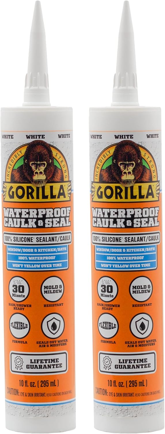 Gorilla Waterproof Caulk & Seal, 100% Silicone Sealant, All Purpose, White, 10oz Cartridge, Pack of 2