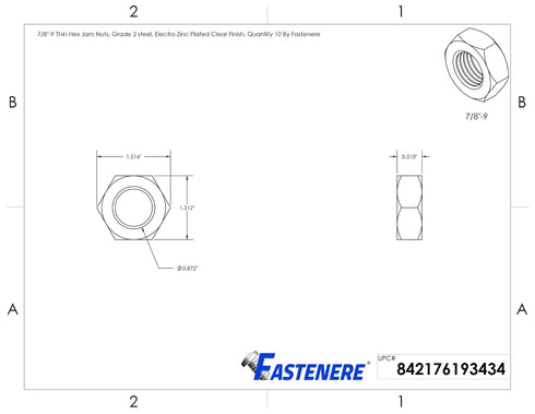 Fastenere 7/8"-9 2 10 Thin Hex Jam Nuts, Grade Steel, Electro Zinc Plated Clear Finish, Quantity by