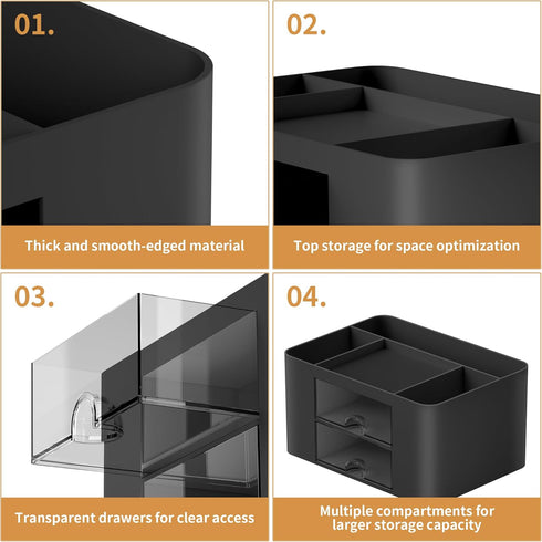 Marbrasse Pen Organizer with 2 Drawers, Multi-Functional Pencil Holder for Desk, 5 Compartments + Drawer (Black)