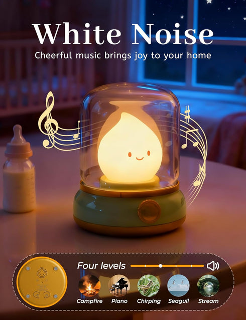 Dimmable Cozy Cute Smiley Night Light with White Noise, Vintage Flickering Flame Lamp, USB Rechargeable Sleep Timer
