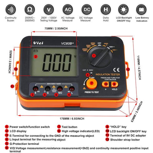 Digital Insulation Resistance Tester VICI VC60B+, Megohm Meter, Double Alarm, Backlight LCD Display, Data Hold