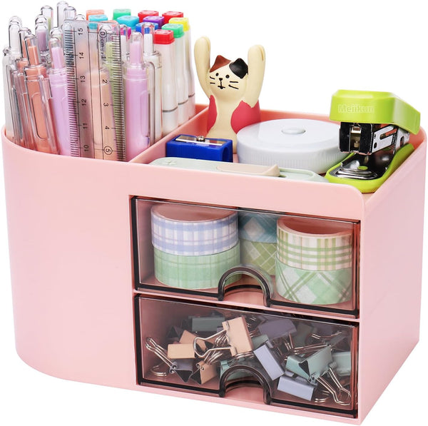 Desk Organizer with Drawer, Small Pink Pen Organizer, 2 Drawers + 4 Compartments for Office Home Storage