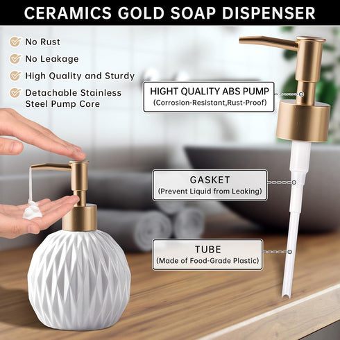 Ceramics Gold Soap Dispenser for Bathroom, 400ml/13.5Oz Refillable Liquid Hand Soap Bottle with Gold Pump (White)