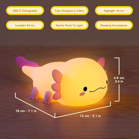 UNEEDE Axolotl Night Light for Kids, Animal Silicone Nursery Night Lamp, Rechargeable Table Lamp Bedside Lamp, Cute