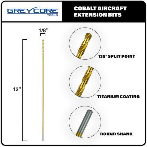 Tools 1/8 Inch x 12 Inch Cobalt Aircraft Extension Bit, M35 Cobalt Drill Bit, Industrial Titanium Coating