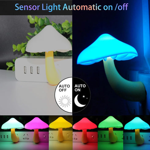 2 Pack 7-Color AUSAYE LED Cute Mushroom Night Light Plug into Wall Lamp Changing Sensor Night Lights for Kids Adults