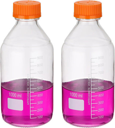 PATIKIL 2 Pack Reagent Media Storage Bottles, 1000ml Borosilicate Glass Round Bottles with Orange GL32 Screw Cap