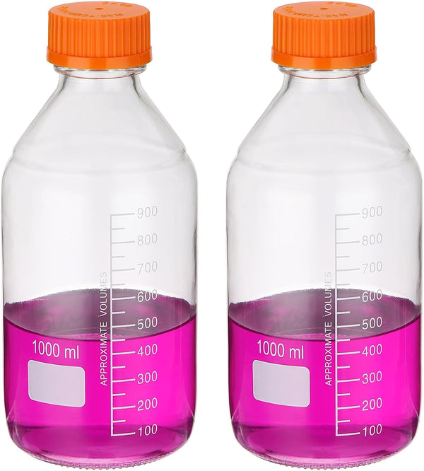 PATIKIL 2 Pack Reagent Media Storage Bottles, 1000ml Borosilicate Glass Round Bottles with Orange GL32 Screw Cap