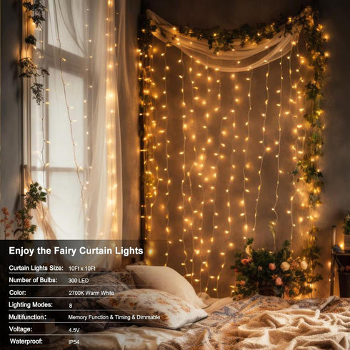 300 9.8ft9.8ft echosari LED Curtain Lights Battery Operated, Hanging Light with Remote Timer Fairy Curtain Lights