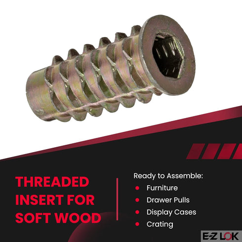 E-Z LOK Threaded Insert for Soft Wood, Zinc Hex-Flanged, 1/4-20 Internal Threads, 25mm Length, Pack of 50