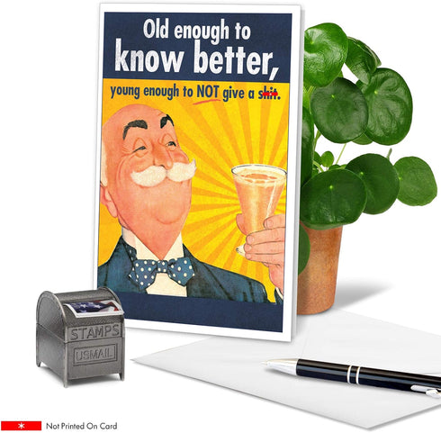 NobleWorks Funny Retro Birthday Card with Envelope - Adult Humor Celebration Greeting - Old Enough 5411
