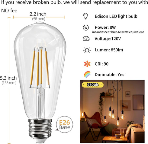 Edison LED Light Bulbs 60 watt Equivalent 8W Dimmable LED Lights Bulbs 2700K Soft Warm White 800 Lumen CRI90 E26 Base for Ceiling Vanity Light Dinning Room Kitchen 6 Pack by Jensense