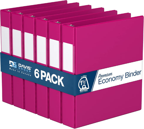 Premium Economy 1.5-Inch 3-Ring Binders, Colored Binder Notebooks, Pack of 6, D Ring, Pink