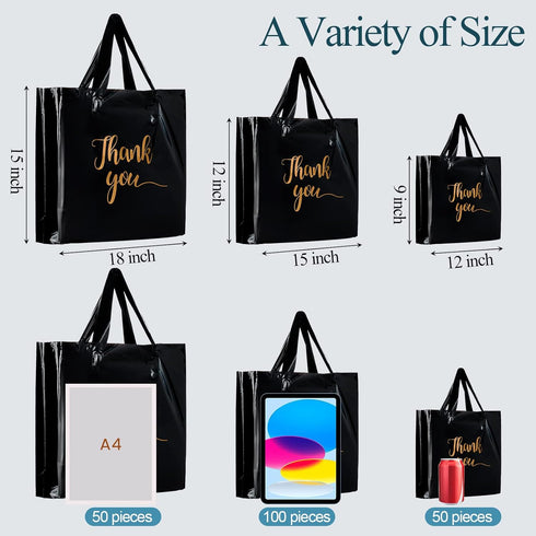200 3 Packet Package 9 12'', 12 15'', 15 18''(Black) Teling Pcs Thanks Bags with Handle Bulk Thank You Merchandise Bags