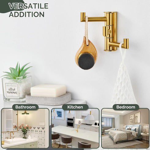 Angle Simple 3 Arms Towel Hook, Brushed Gold 304 Stainless Steel Swivel Triple Towel Holder, Wall Mount