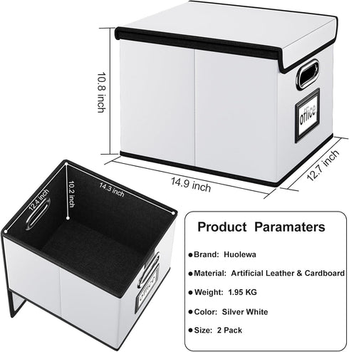 Huolewa Portable Leather File Organizer Boxes with Lids, Collapsible File Folder Organizer Boxes, Decorative Small