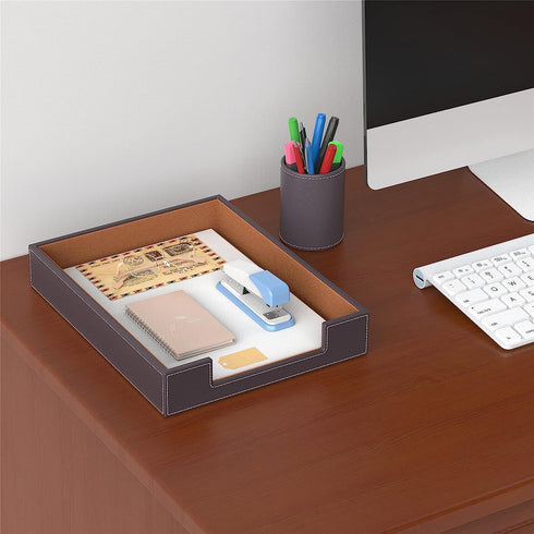 VOYUTHY Leather Letter Tray, Elegant Desk Organizer for Office Supplies, Mail, Paper, and Magazine Storage