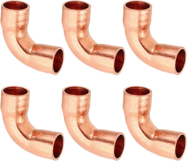 PATIKIL 1/4" ID 0.8mm Thick Elbow Copper Fitting, 6pcs 99.9% Pure Copper 90 Degree Short Radius Tube Connector
