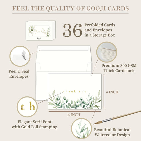 4x6 36-Pack) Gooji Golden Greenery Thank You Cards with Envelopes (Bulk | Wedding Thank You Cards, Bridal Shower Thank