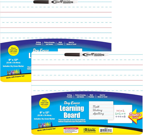 BAZIC Dry Erase Lap Board, 9"x12" & Marker, Double Sided Primary Ruled & Blank, 2-Pack for Teacher Home