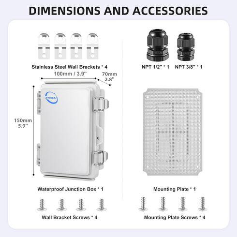 Waterproof Outdoor IP67 Junction Box with Mounting Plate, Hinged Grey Cover, Weatherproof ABS Plastic