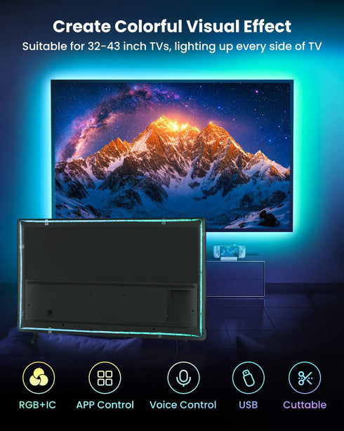 9.84ft 32-43 Inch 44 LED Lights for TV, RGB+IC TV Lights Backlight Strip Behind, with Scene Modes, Bluetooth APP