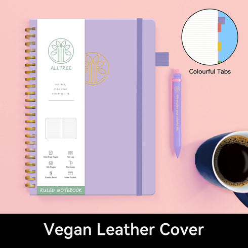 Lined Journal Notebook, Spiral Notebook, A5 Medium, Leather Hardcover, ALLTREE Twin Wire Spiral Bound Notebook with Tabs, Pen Loop, Pocket, Stickers, 160 Pages, Journal for Women & Men, Purple(6"x8.5")