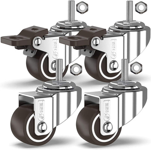 GBL 1" Small Caster Wheels with 2 Brakes - Set of 4 Low Profile Castor Wheels - 90Lbs Capacity, 5/16" Stem Dia.