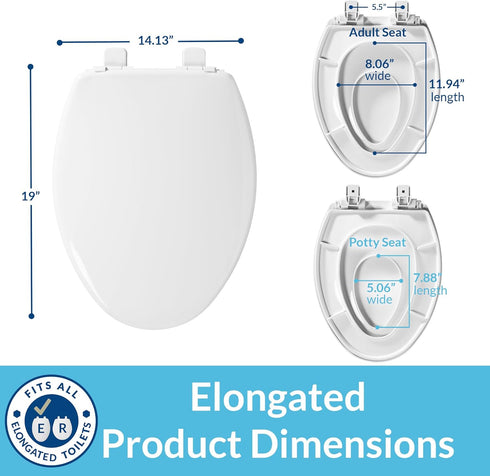 Little2Big Toilet Seat with Built-In Potty Training Seat, Slow Close, Durable Plastic, Made in USA, ELONGATED, White