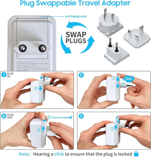 VINTAR European Travel Plug Adapter Kit, UK Power Adapter with 3 USB Ports & 2 American Outlets, Type C, G, H