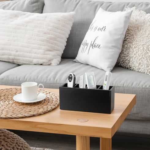 Pencil Pen Holder for Desk, Wooden Office Organizers with 4 Slots for Countertop, Makeup Brush Holder, Black