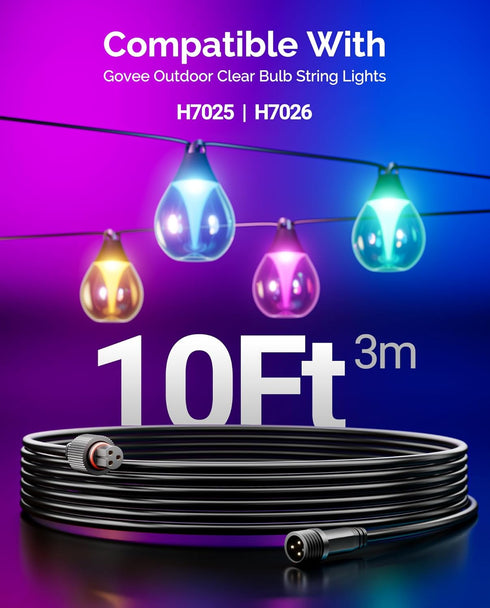 Zustov 10FT Bulb IP68 H7025, H7026, Extension Cable for Govee Outdoor Clear String Lights, Waterproof Outdoor Lights