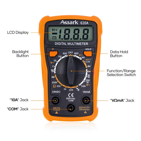 Digital Multimeter Voltage Tester, Assark 2000 Counts, Measures AC DC Voltage, DC Current, Volt Ohm Amp, Backlit LCD
