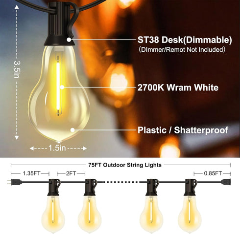 75FT 35+3 Bulbs, 2FT Bulbs Dimmable Commercial Outdoor String Lights with Waterproof Apart, & Connectbale, Grade Patio