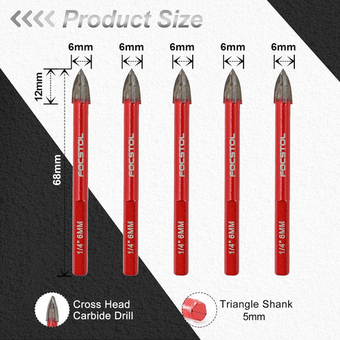 FOCSTOL 5pcs Masonry Concrete Drill Bit Set, 6mm Carbide Bits with Triangle Shank for Softer Materials