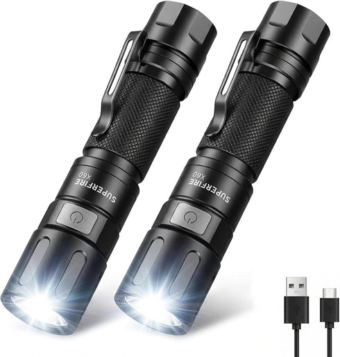 SuperFire 2-Pack 1000 Lumens Rechargeable Flashlights, USB-C Tactical LED Flashlight with Zoom,